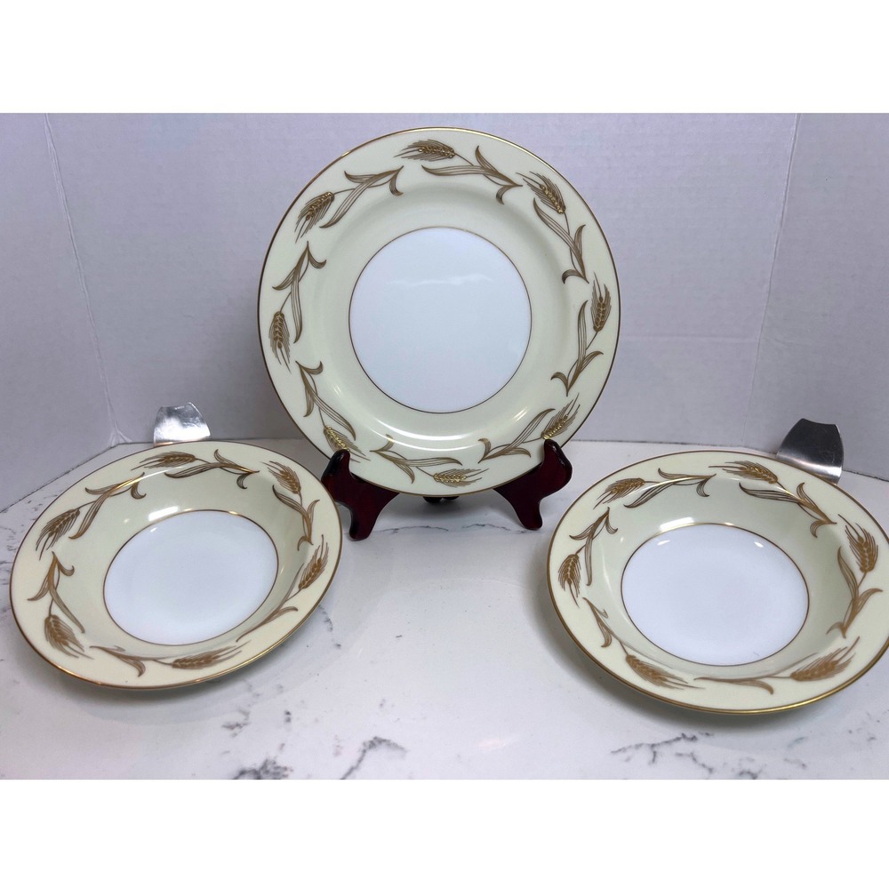 Noritake China Laura 5089 Gold Wheat Salad Plate and Fruit Bowls Set of 3 Japan